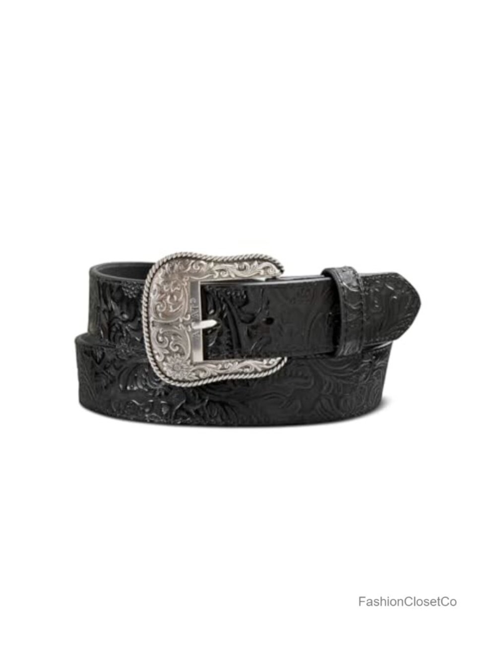 Floral Embossed 100% Leather Belt Antique Silver Buckle 1.5 in Width